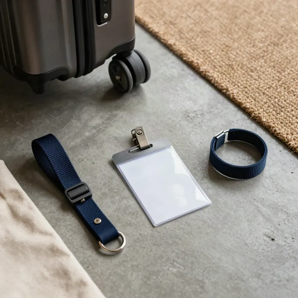 Valigia con badge, braccialetto e borsa su soglia in cemento
