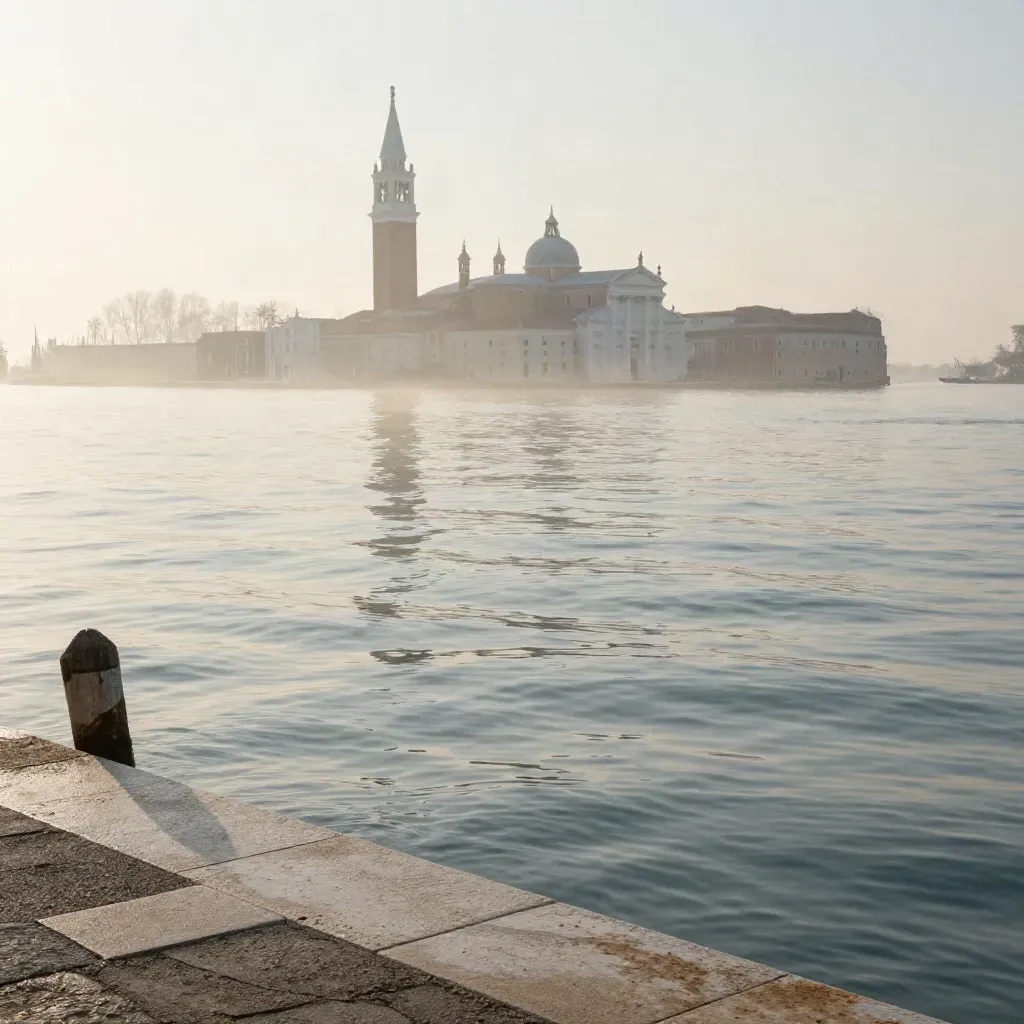 Laguna veneziana all’alba con San Giorgio Maggiore e foschia dorata.