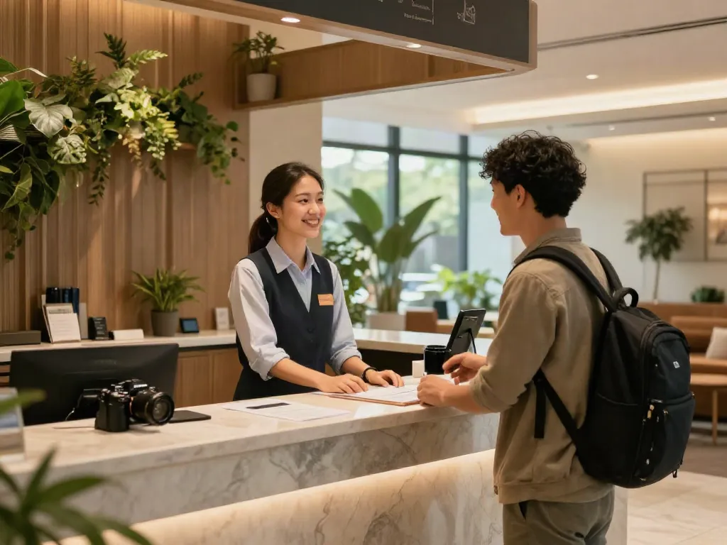rokok88 login assisting travelers at Carter Hotel's welcoming reception
